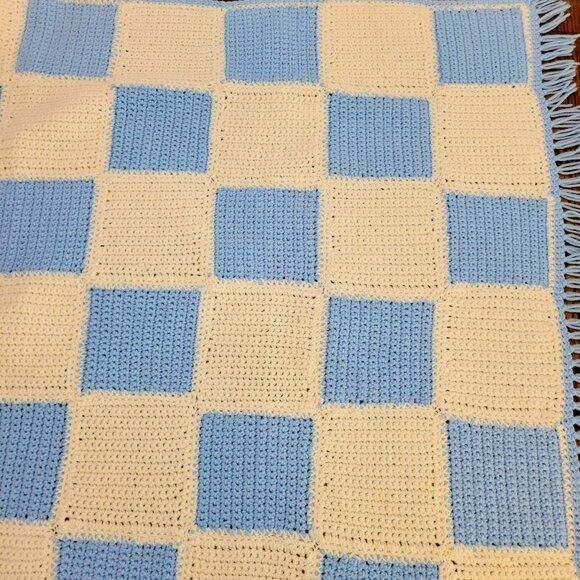Vintage Crochet Blue & Cream Checkered Afghan Blanket With Fringe Edge, Handmade - Picture 9 of 10